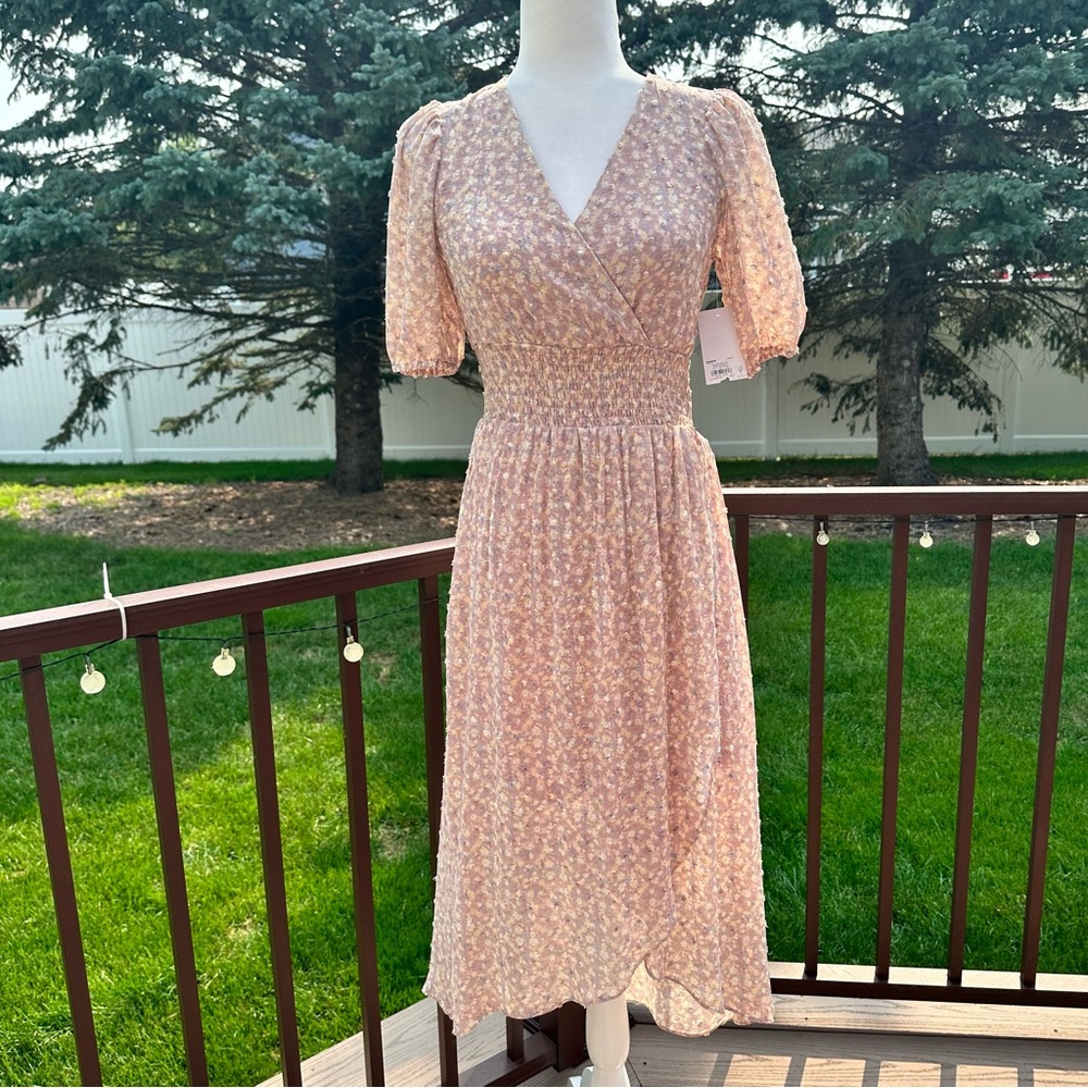 Blush Multi Print V-neck Midi Dress Small